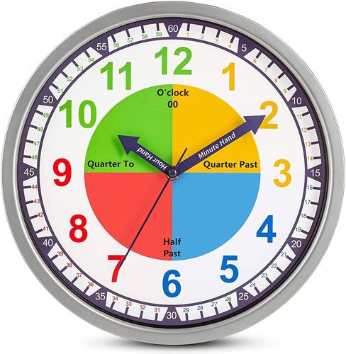 Bernhard Products Colorful Kids Educational Silent Non-Ticking Wall Clock